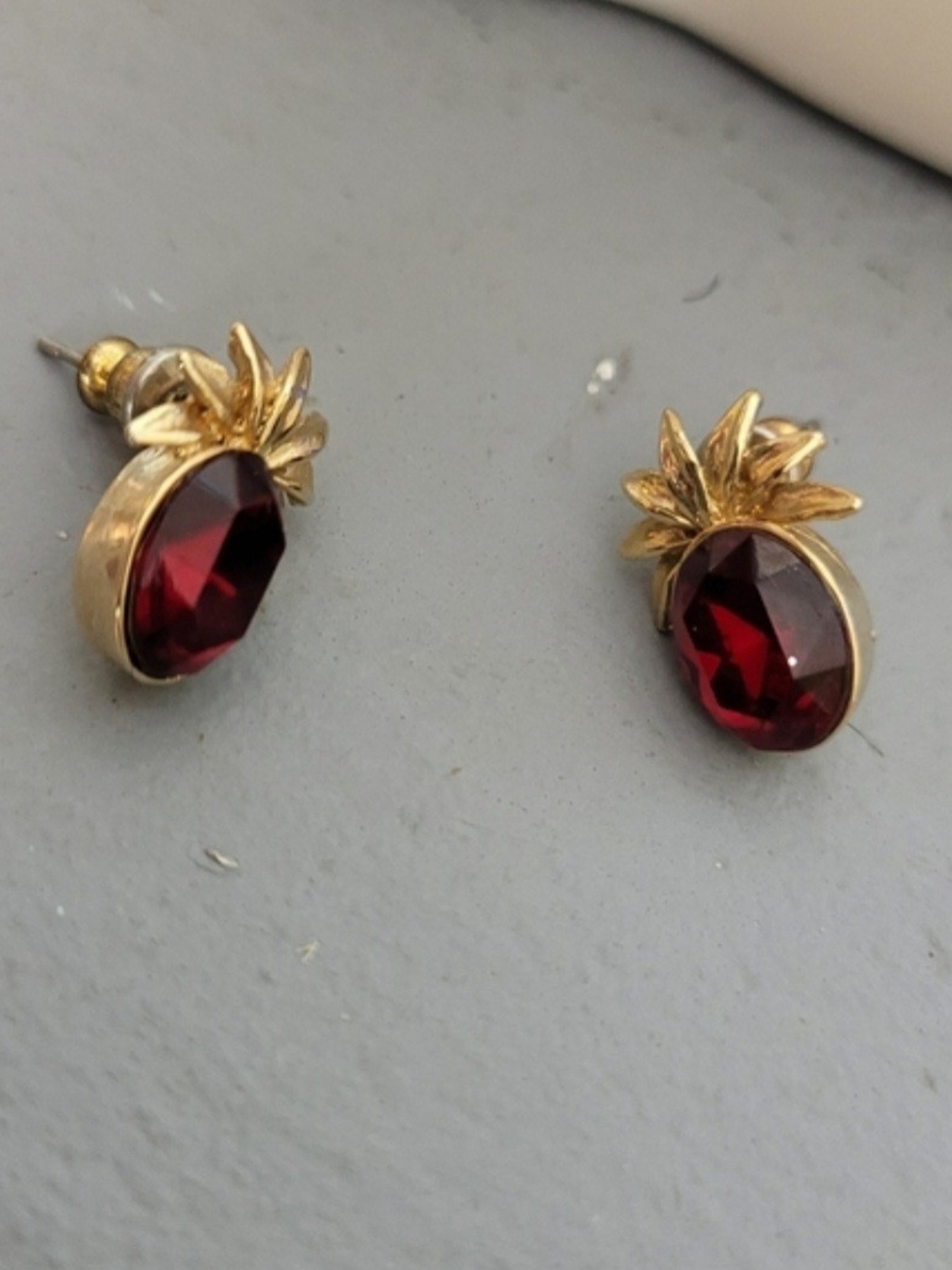 Vintage Gold Plated Pineapple Stud Earrings with Faux Ruby
